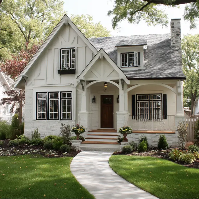 Clean and airy small modern Tudor-style house featuring a bright white painted brick exterior, sharp black trim, and a warm natural wood front door.