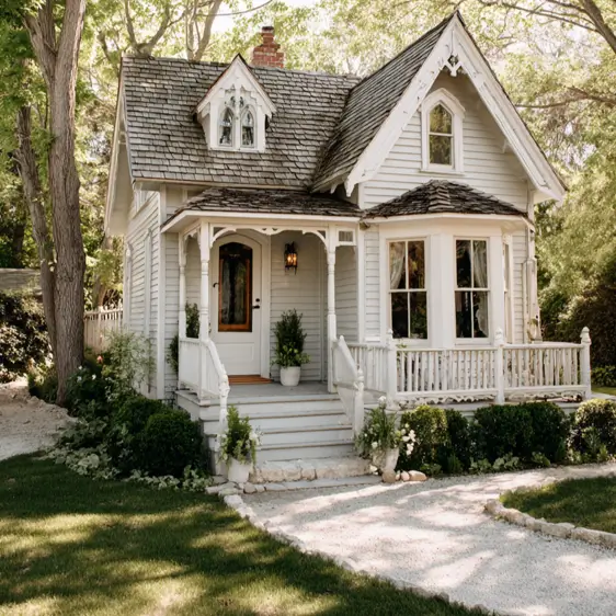 A small, light-colored Victorian cottage with a bay window and intricate porch railings, surrounded by lush trees.