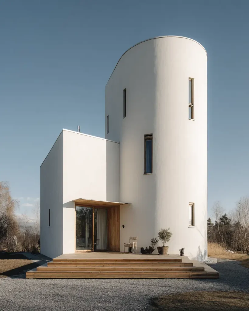A minimalist white stucco home featuring a smooth, curved silo tower connected to a rectangular structure under a clear blue sky.