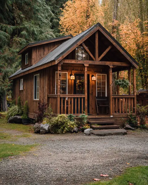 55 Tiny Cabin Ideas: The Ultimate Guide to Exterior & Interior Design 10 A rustic small cabin featuring a prominent exposed wood truss on the porch gable, an inspiring tiny cabin idea for an autumn setting.