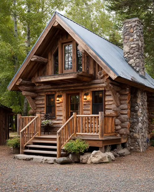 A tiny log cabin with a tall river rock chimney and a metal roof, set against a backdrop of aspen trees.
