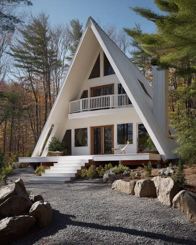 A white A-frame cabin in the woods featuring a second-floor balcony and a wide front deck.