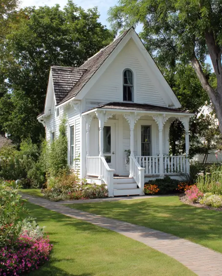 36 Tiny House Design Ideas + An Expert Interior Guide for 2025 11 A white Victorian farmhouse tiny house with a covered porch and green lawn.