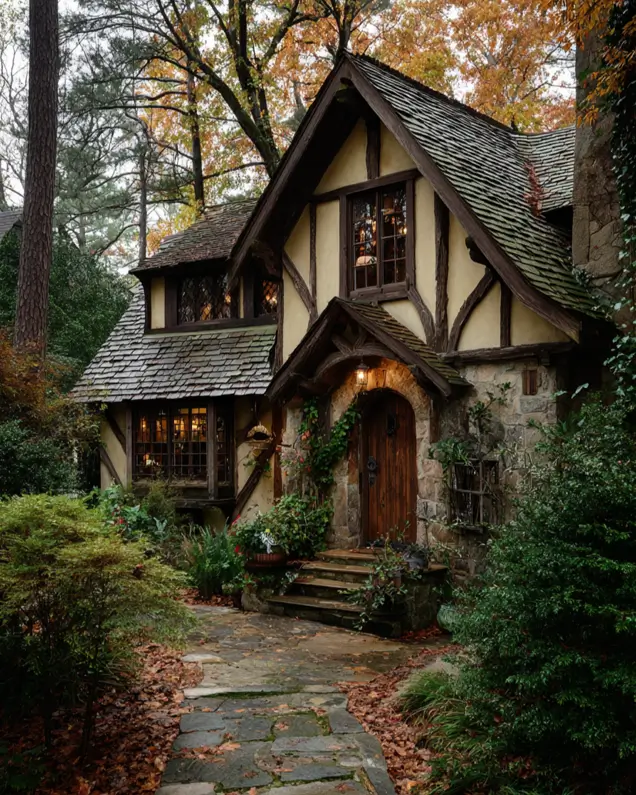 A woodland Tudor cottage with a rustic stone foundation, dark timbers, and a charming wooden door creating a storybook feel.