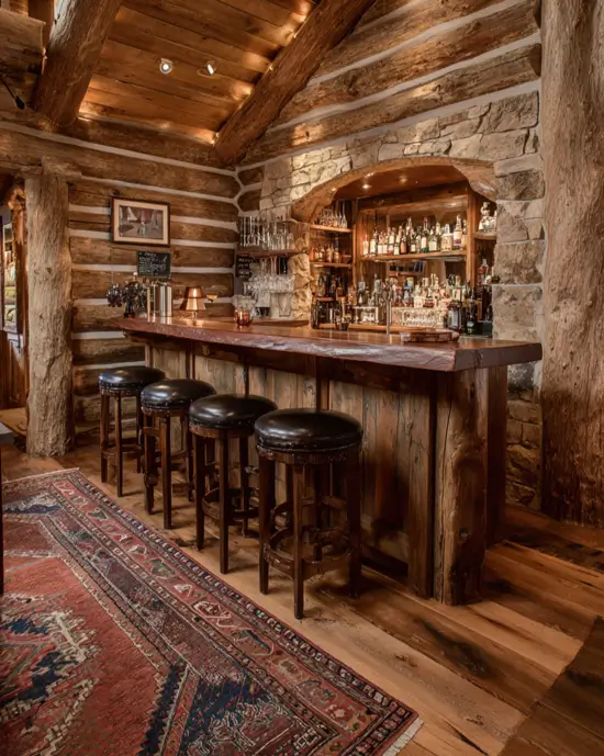 A bar log cabin interior featuring a striking stone archway behind the bar and exposed log walls.