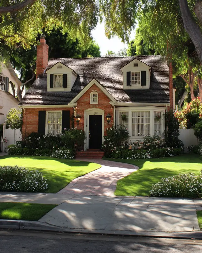 A timeless red brick suburban house exterior exuding classic charm with its dormer windows, traditional black shutters, and lush front garden framed by mature trees.