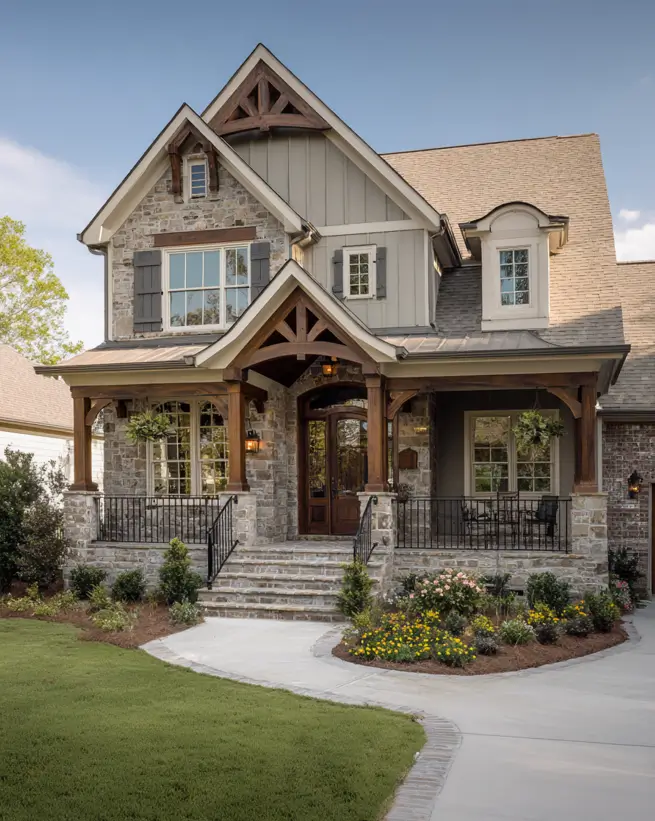 A contemporary craftsman house with a detailed exterior of mixed stone and siding, prominent dark wood trusses, and a welcoming covered porch.
