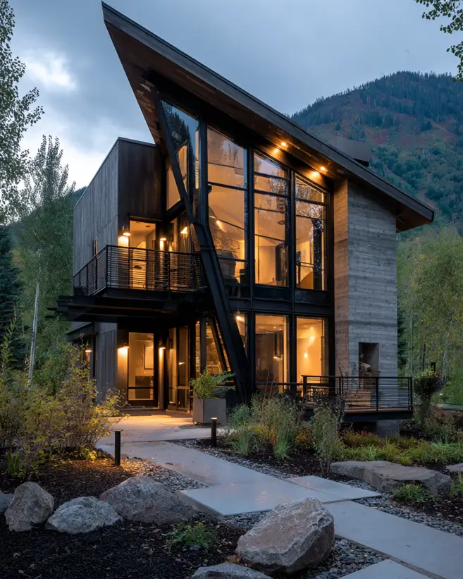A contemporary mountain house with a sharp angled roof, featuring a large glass wall supported by a black diagonal steel beam.