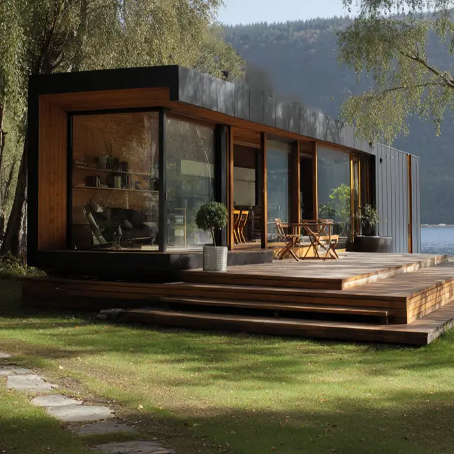 A single-story modern container home with a full glass wall facade and a large wooden deck, situated in a tranquil wooded setting next to a body of water.