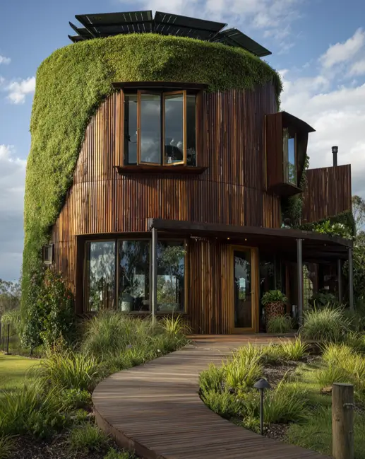 An eco-conscious silo home with a large living green wall curving around its wood-clad exterior, topped with solar panels.