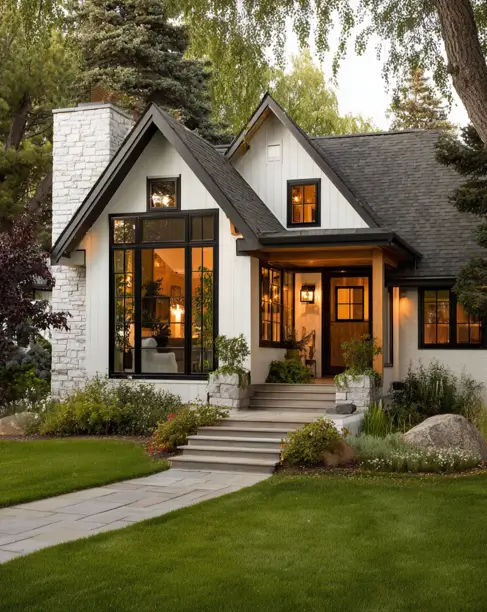 36 Modern Cottage Exterior Ideas to Achieve Timeless Curb Appeal 12 A modern cottage exterior featuring a statement stacked stone chimney that contrasts with crisp white vertical siding and large black-framed windows.
