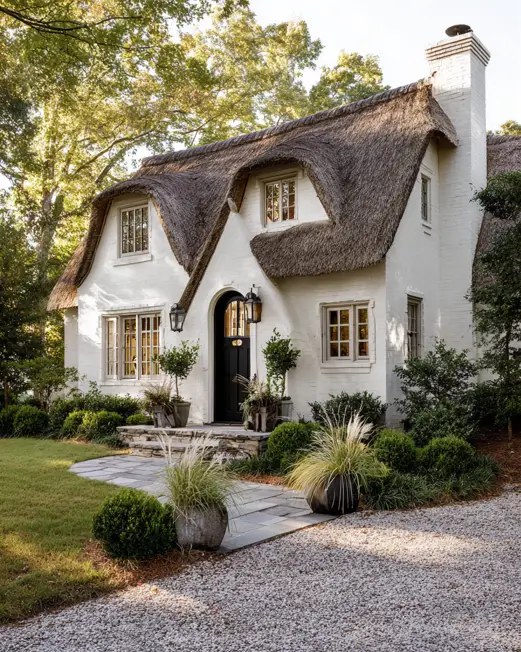 Modern english cottage style home with a clean white painted brick exterior, a textured thatched roof, and a striking black arched doorway.
