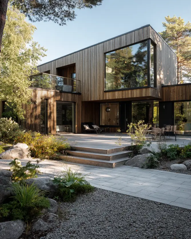 A Scandinavian style home exterior with natural wood siding and an expansive multi-level deck that connects to the surrounding garden.