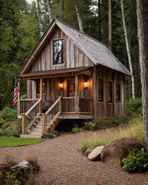 55 Tiny Cabin Ideas: The Ultimate Guide to Exterior & Interior Design 11 A rustic tiny cabin home with a textured cedar shake roof and naturally weathered wood siding, complemented by warm exterior lighting.