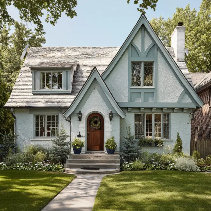 Serene small Tudor-style house painted a soft, dusty blue-green, featuring a natural wood front door and a textured slate roof.