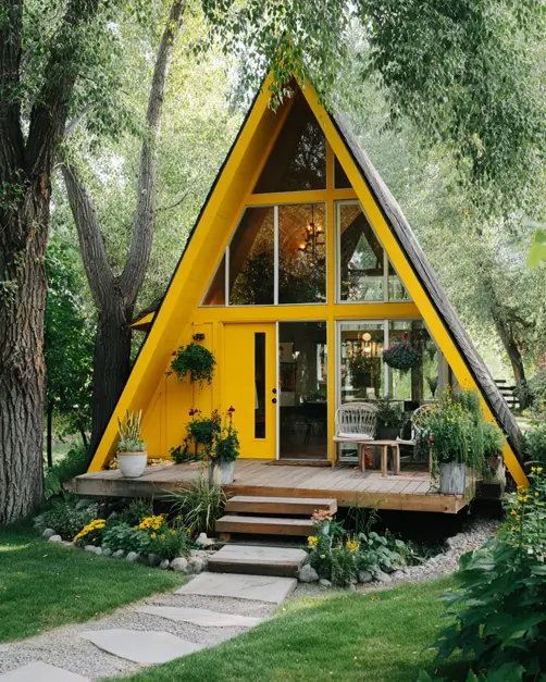 Tiny A-Frame Cabins: 31 Inspiring Ideas for Your Dream Retreat 12 A cheerful small a-frame house with a bold sunny yellow exterior and a glass front.