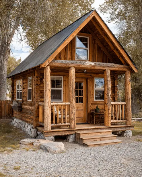 A simple tiny log cabin with substantial, raw log posts supporting the front porch, set in a gravel yard.