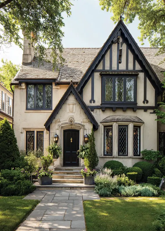 Elegant Tudor house exterior featuring distinctive diamond-pane windows and a carved stone entryway.