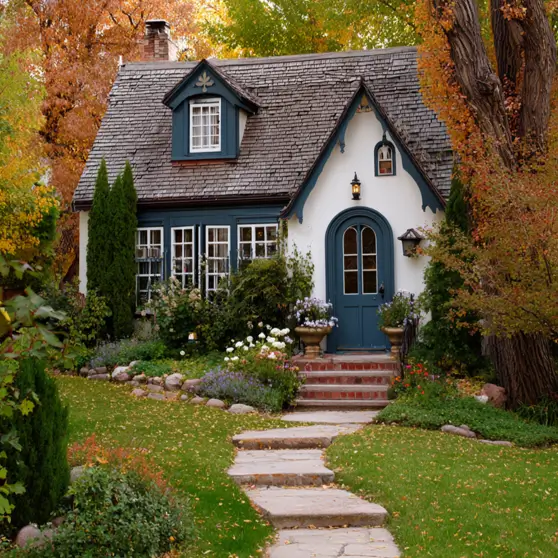 A small white cottage with dark teal trim and a matching door, showcasing a high-contrast exterior design idea.