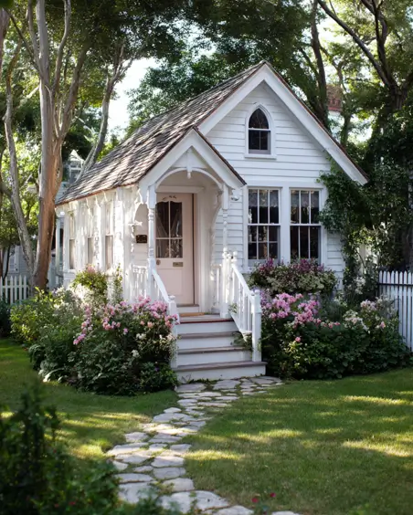 36 Tiny House Design Ideas + An Expert Interior Guide for 2025 12 A charming white tiny cottage with a natural stone path and pink flowers.