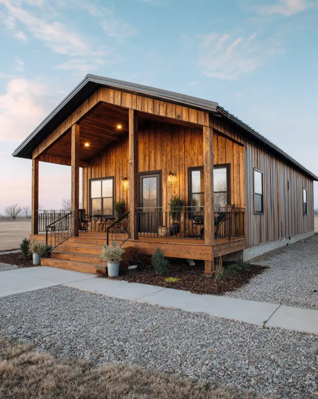 A long, wooden tiny barndominium home with a large, elevated front porch, warmly lit under a twilight sky.