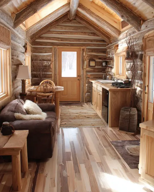The rustic interior of a tiny log cabin, showing a cozy living area, compact kitchen, and vaulted ceiling with exposed log beams that create a spacious feel.