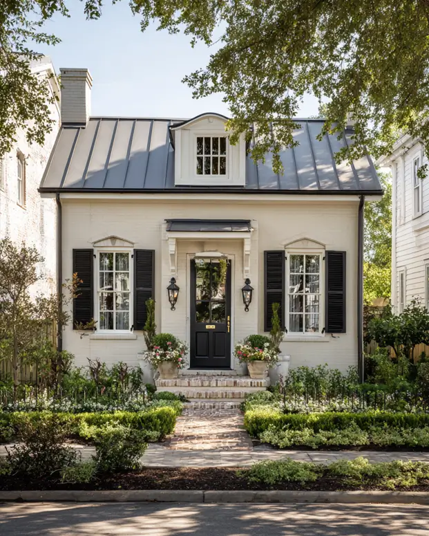 A charming cream and black house exterior on a historic-style cottage with a black metal roof and black shutters, framed by green trees.