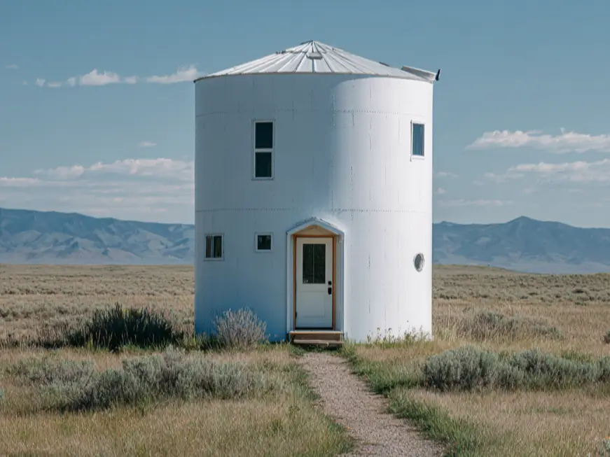 A minimalist white grain silo house standing as a striking feature in a vast, open field with mountains in the background.