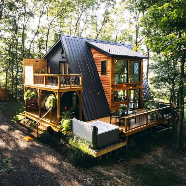 Modern A-frame cabin with black metal and wood siding, featuring a multi-level deck with a hot tub in a forest.
