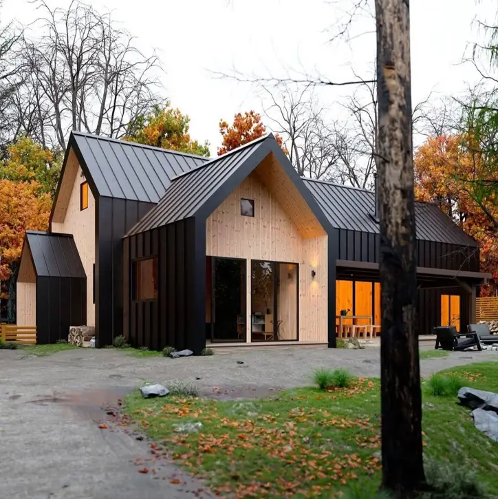A modern Scandinavian house exterior with a mix of black and natural wood siding, set against a backdrop of autumn trees.
