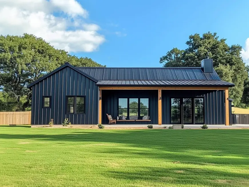 A modern small barndominium home with dark vertical siding and a wooden porch, set on a bright green lawn under a blue sky.