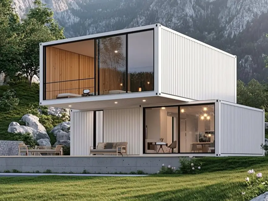 A modern two-story white shipping container home with a cantilevered design and floor-to-ceiling glass, set in a scenic mountain landscape.