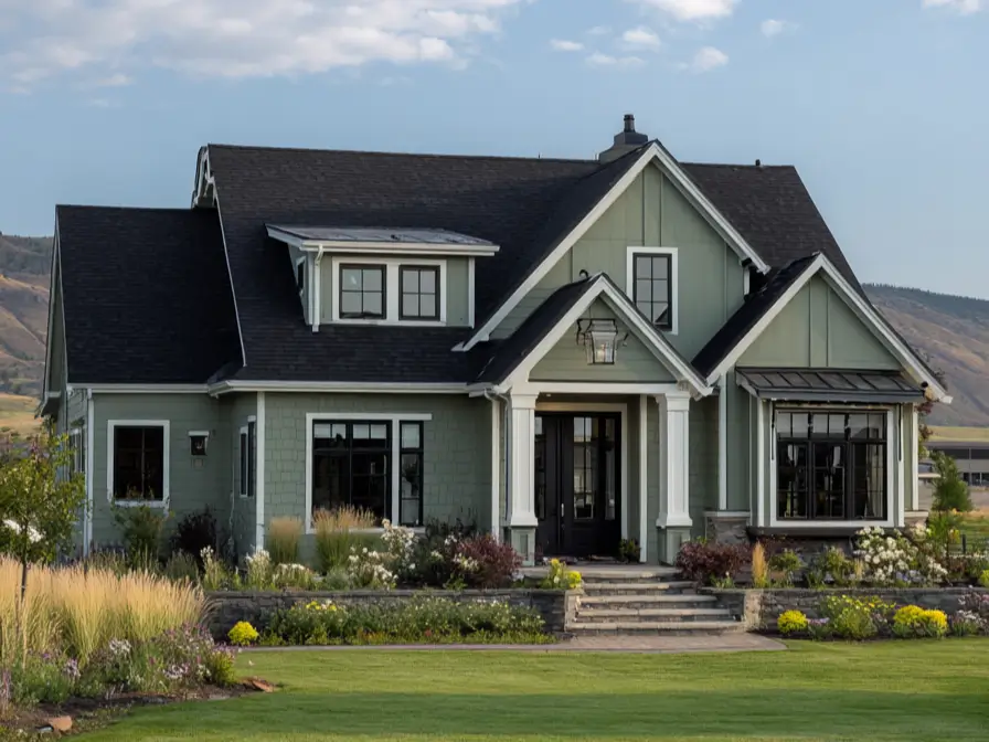 A beautiful sage green house with black trim and a covered front porch, featuring classic white columns and lush landscaping under a blue sky.
