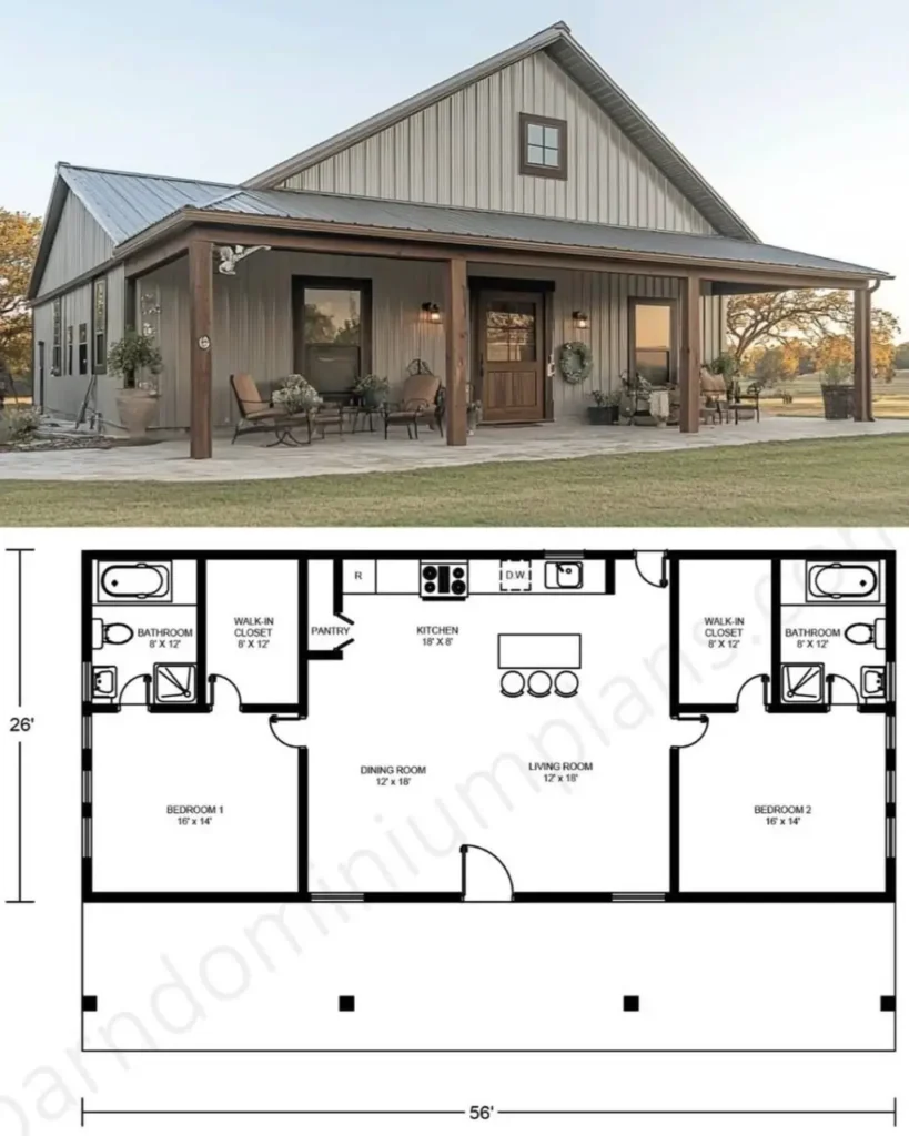 A small barndominium home shown with its corresponding 2-bedroom, 2-bathroom floor plan layout, featuring an open-concept kitchen and living area.