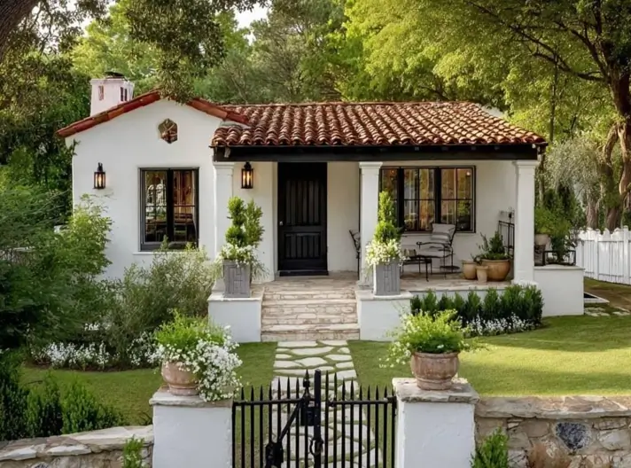 A small white Spanish-style house with a terracotta tile roof and black trim, featuring an inviting front porch as a classic exterior idea.