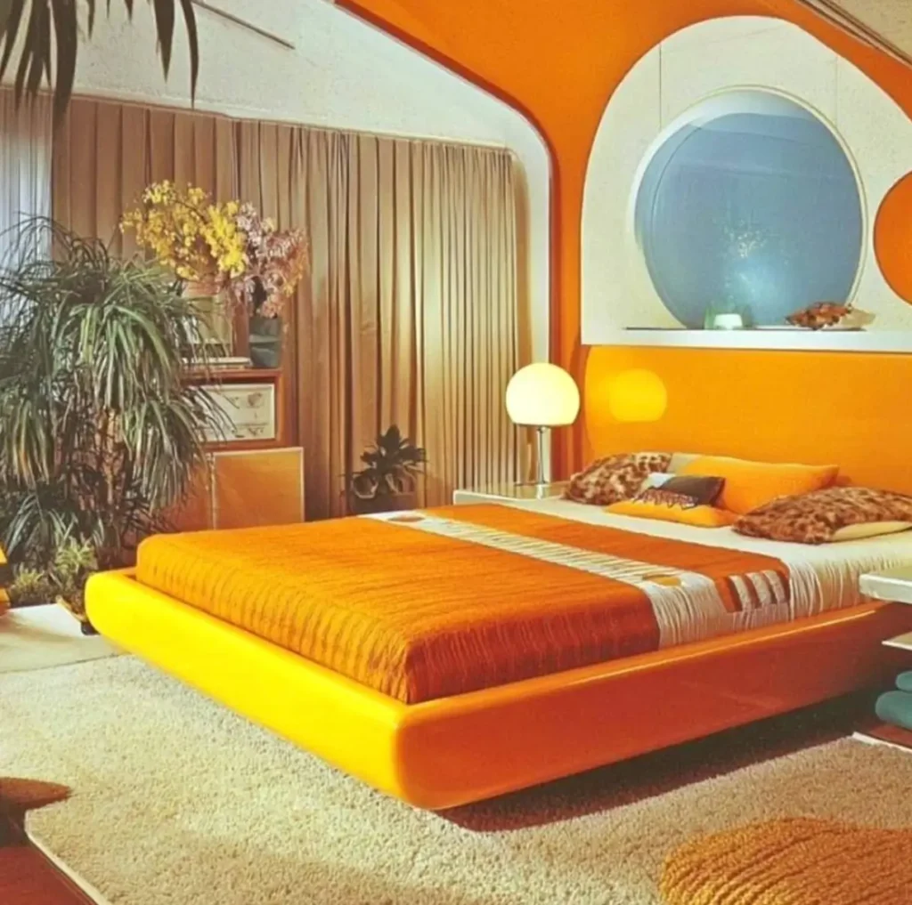 A retro 70s bedroom with a bright orange platform bed, shag carpet, and arched wall features.