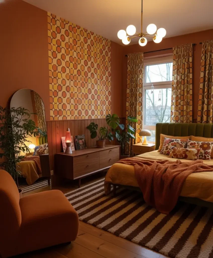 A 70s bedroom decor with geometric wallpaper above wood panelling, an avocado headboard, and a striped rug.