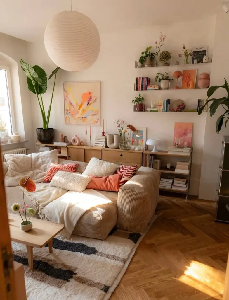 A cozy small apartment living room with a beige corduroy sofa, layered textiles, and sunlit open shelving for a warm interior design.