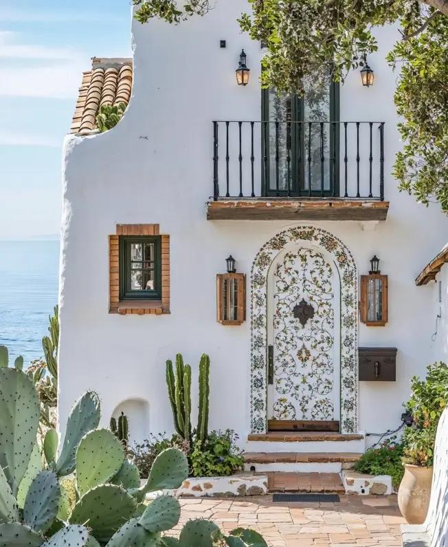 A white stucco Mediterranean house entryway with an ornate floral mosaic tile archway overlooking the ocean.