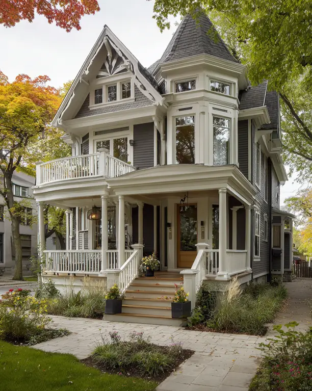 A modern Victorian style home with dark gray siding, a large white wrap-around porch, and a turret.