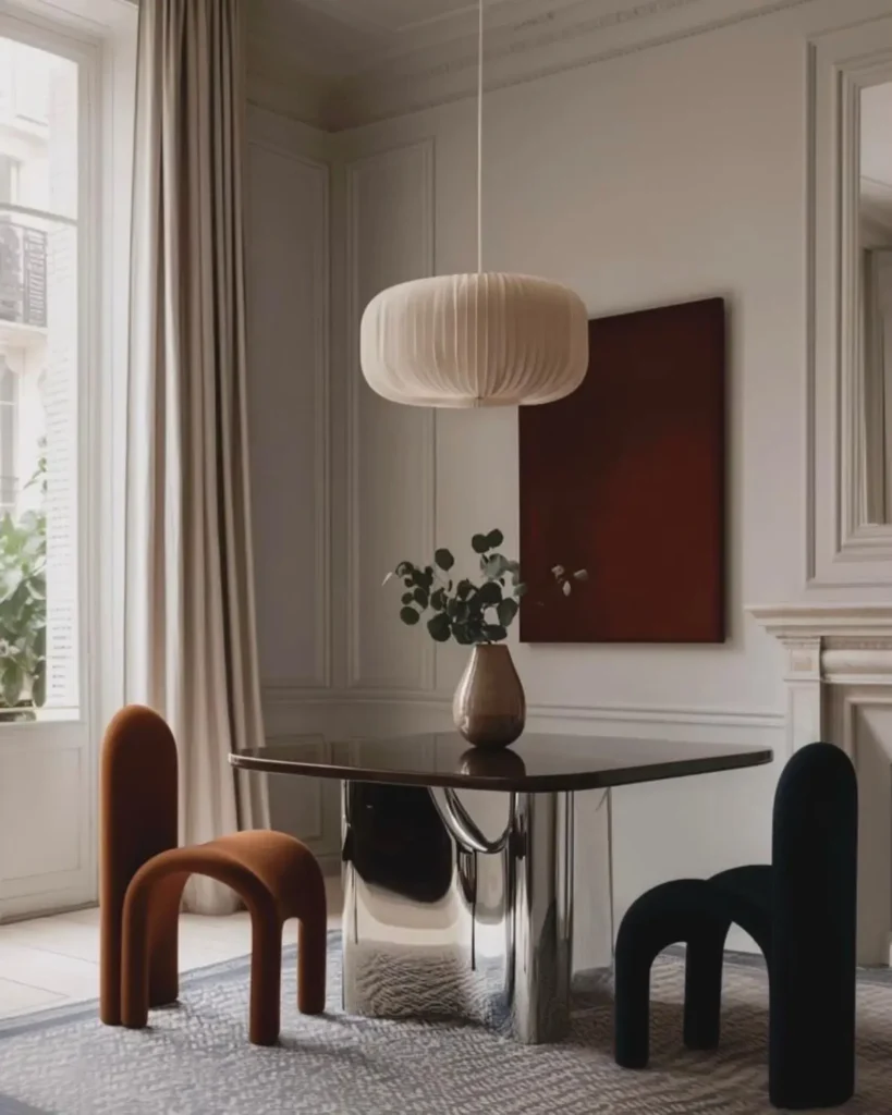 An artistic, elegant modern condo dining room with a chrome-base table and sculptural velvet chairs set in a classic, paneled room.