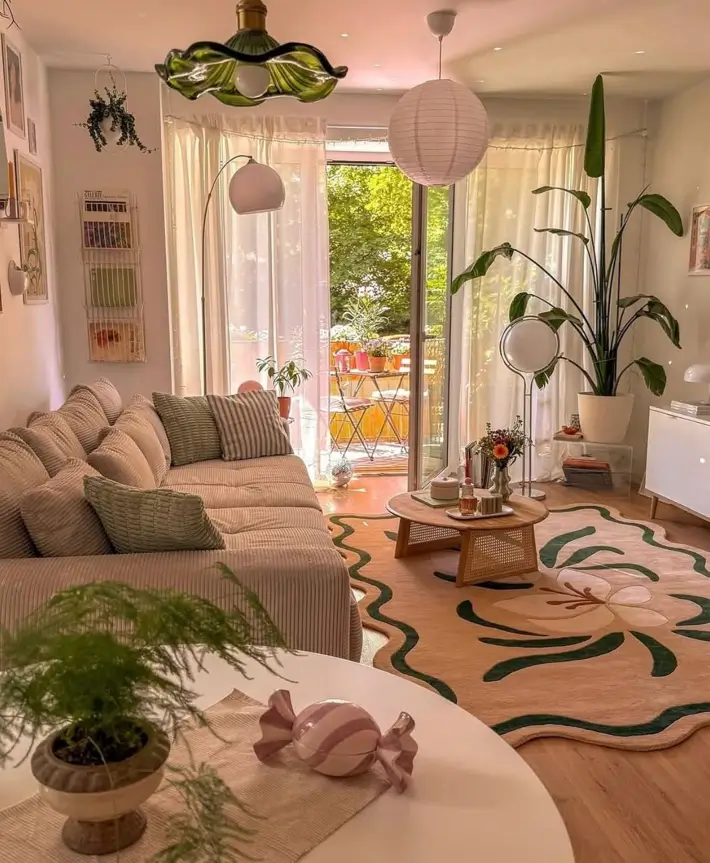 A bright, cozy small apartment living room featuring a corduroy sofa, a large floral rug, and plentiful plants creating a playful interior design.