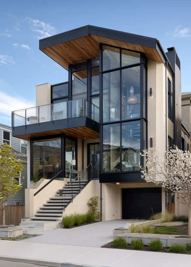 A modern beige house with a wall of glass windows, a flat roofline, and warm wood soffits.