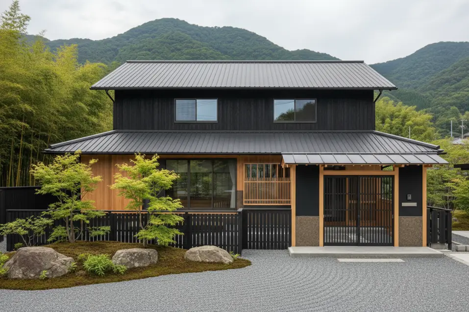 A modern Japanese house exterior with black and natural wood siding and a raked gravel garden.