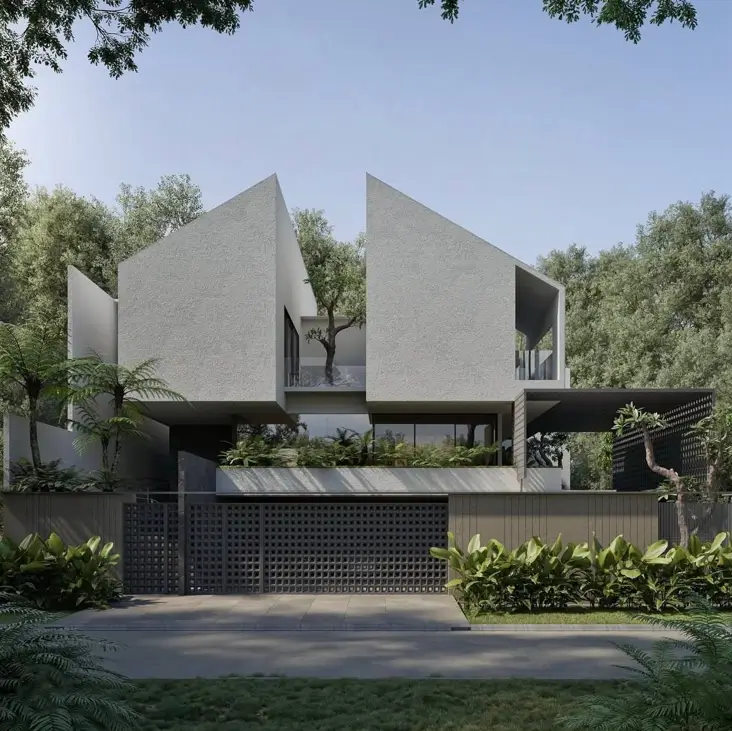The AP House in Jakarta, a minimalist design by SAKA Studio featuring interlocking geometric forms and a central courtyard.