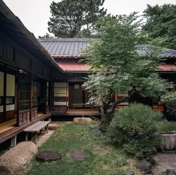 The tsuboniwa courtyard garden of a preserved 1913-era historic Japanese home in Chiba.