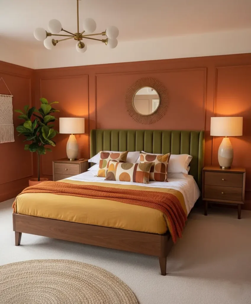 A modern bedroom with terracotta walls, an olive green velvet headboard, and mustard bedding, reflecting 70s bedroom ideas.
