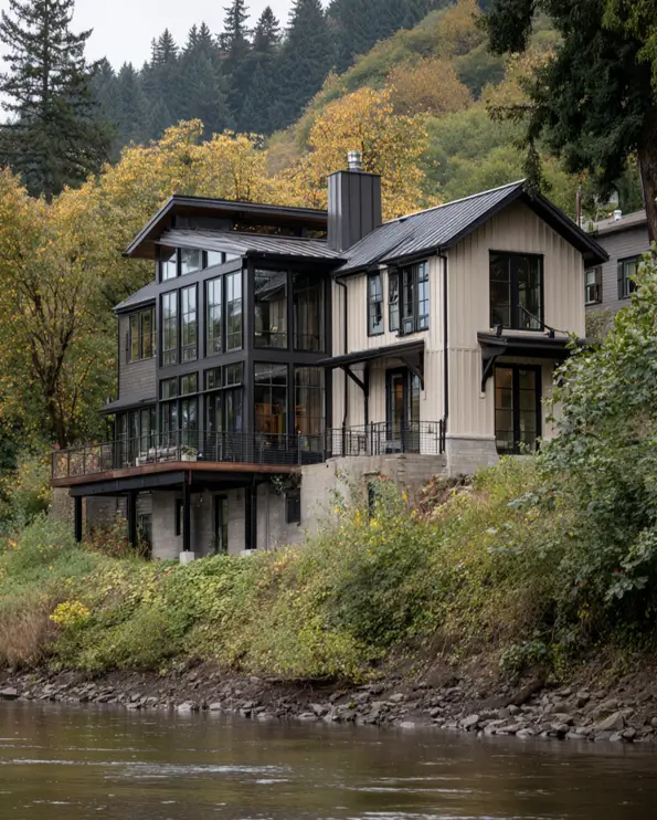 A modern beige and black house with a large wall of windows overlooking a river and forest.
