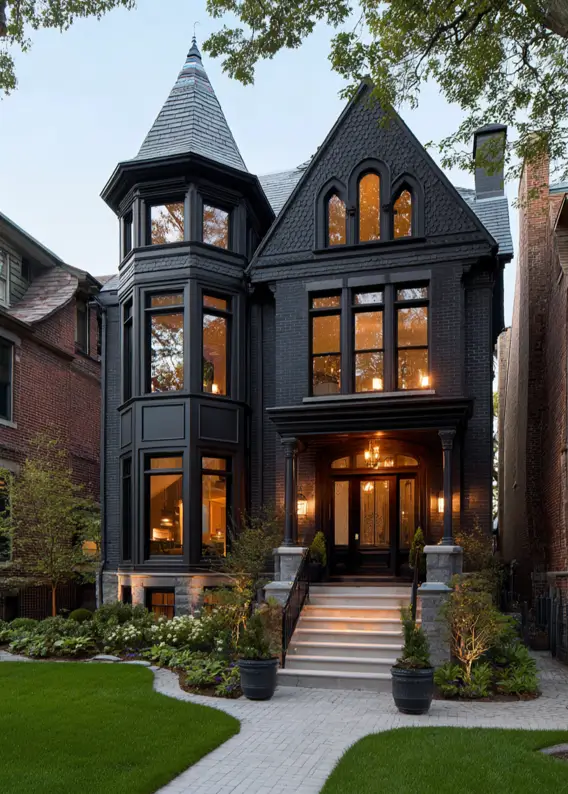 A dark, monochromatic modern Victorian house at dusk with warm light glowing from the windows and a turret.