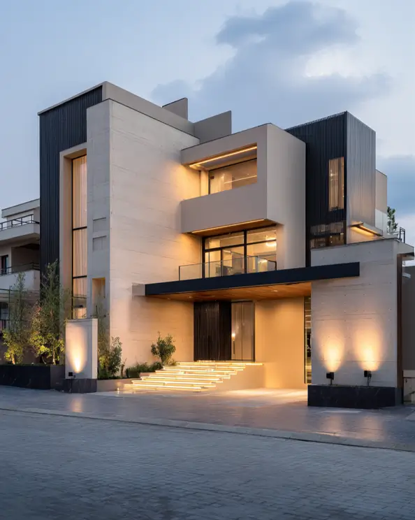 A modern beige house with black trim and integrated architectural lighting shown at dusk.